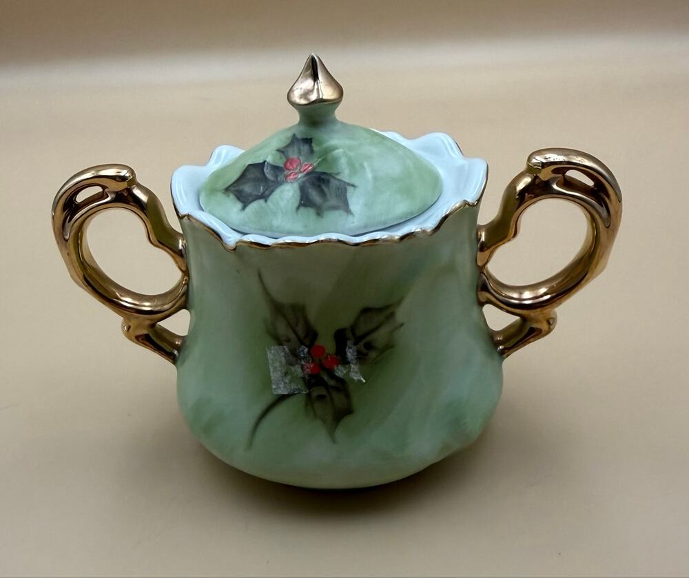 Vintage Lefton Christmas Poinsettia Lidded Sugar Bowl Gold Trim Hand Painted